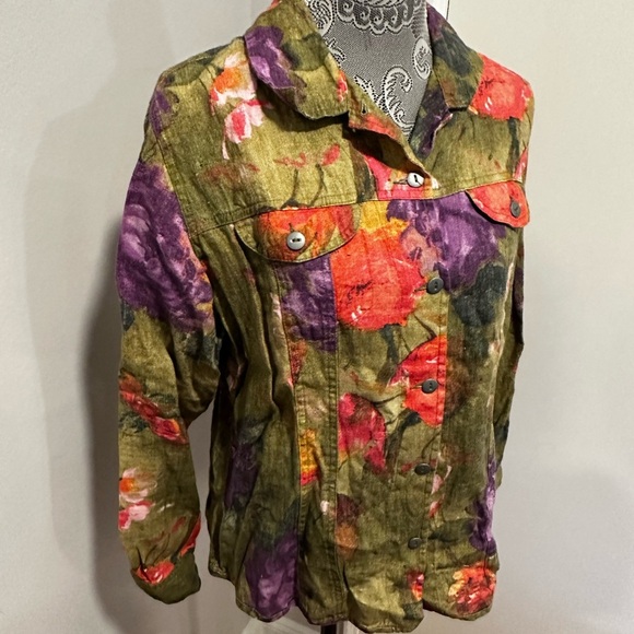 Chico's Linen Jacket Size 2 Multicolor Watercolor Floral Button Front. Pockets - Picture 13 of 14